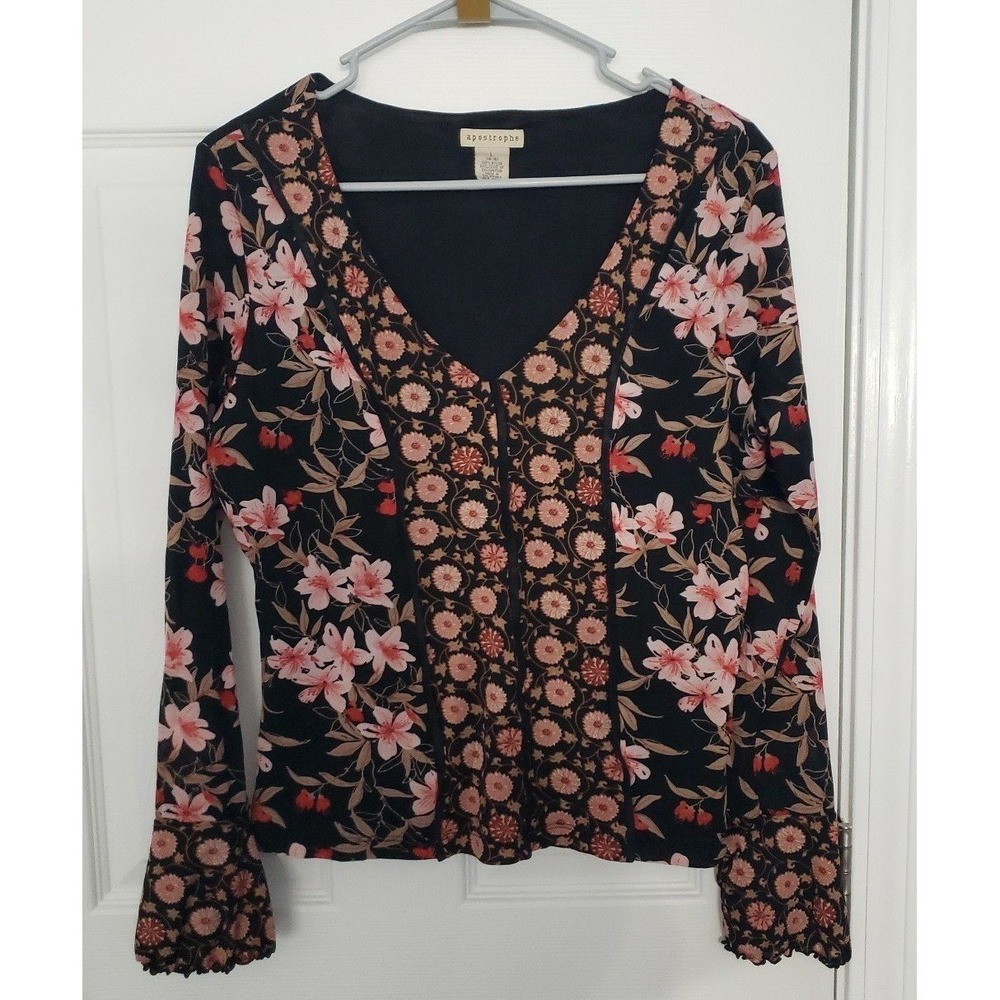 Apostrophe Womens‎ Floral Mesh V-Neck Top Long Bell Sleeve Black Pink Large L